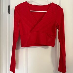 Red Ribbed V-Neck Crop Top Long-Sleeved